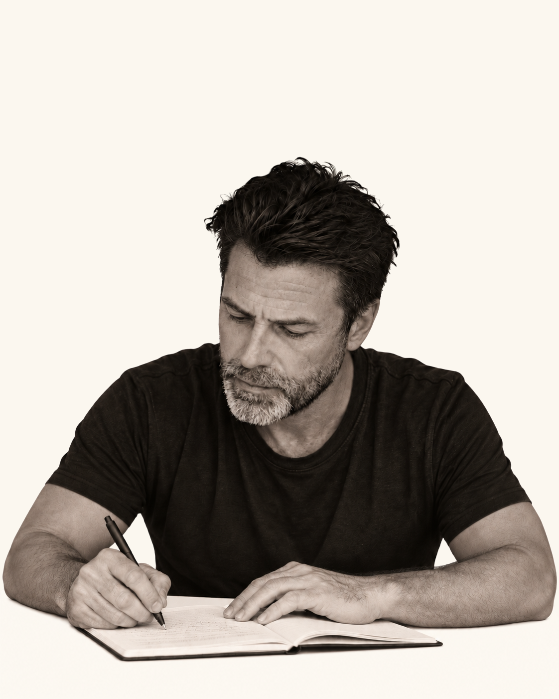 Man writing in a notebook with both hands and pen visible