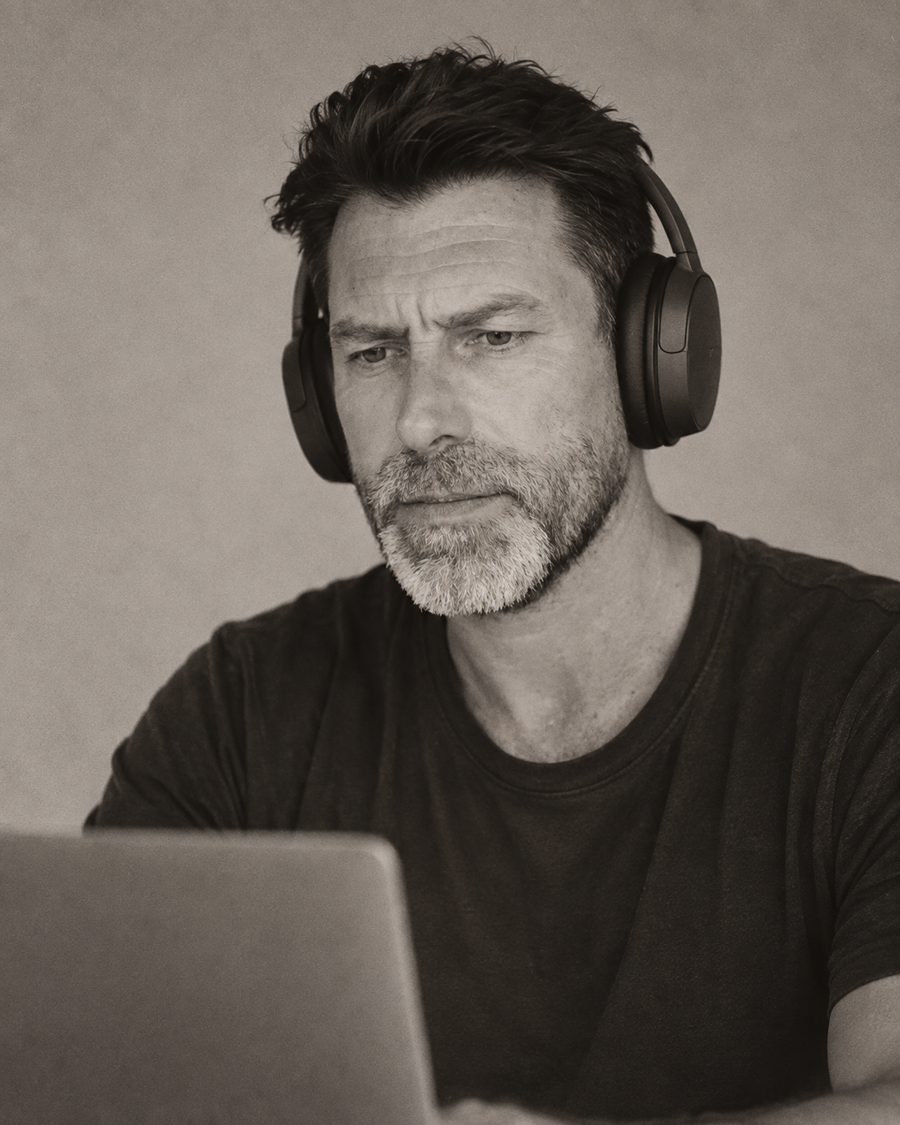 Man wearing headphones while working at a laptop
